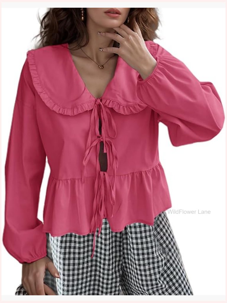 Lapel Doll Collar Blouse Puff Sleeve Pleated Tie Front Peplum Shirts Cute